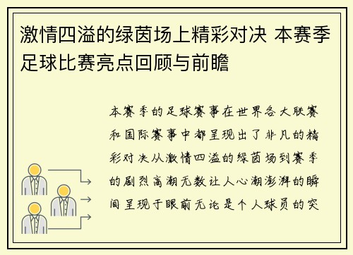 激情四溢的绿茵场上精彩对决 本赛季足球比赛亮点回顾与前瞻