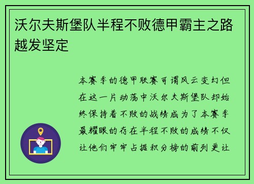 沃尔夫斯堡队半程不败德甲霸主之路越发坚定