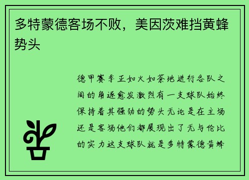 多特蒙德客场不败，美因茨难挡黄蜂势头