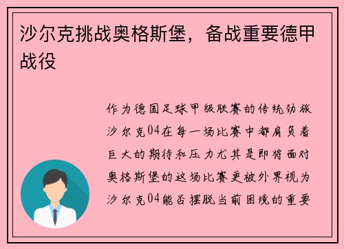 沙尔克挑战奥格斯堡，备战重要德甲战役